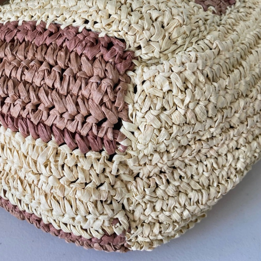 J. JILL Oversized Woven Straw Striped Tote Boho Vibes Leather Handle Market Bag - Picture 5 of 9